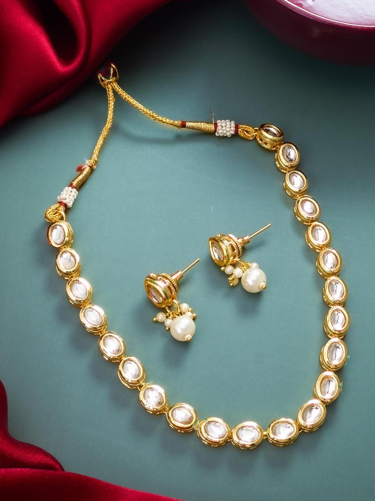 Gold-Plated White Stone-Studded & Beaded Handcrafted Jewellery Set