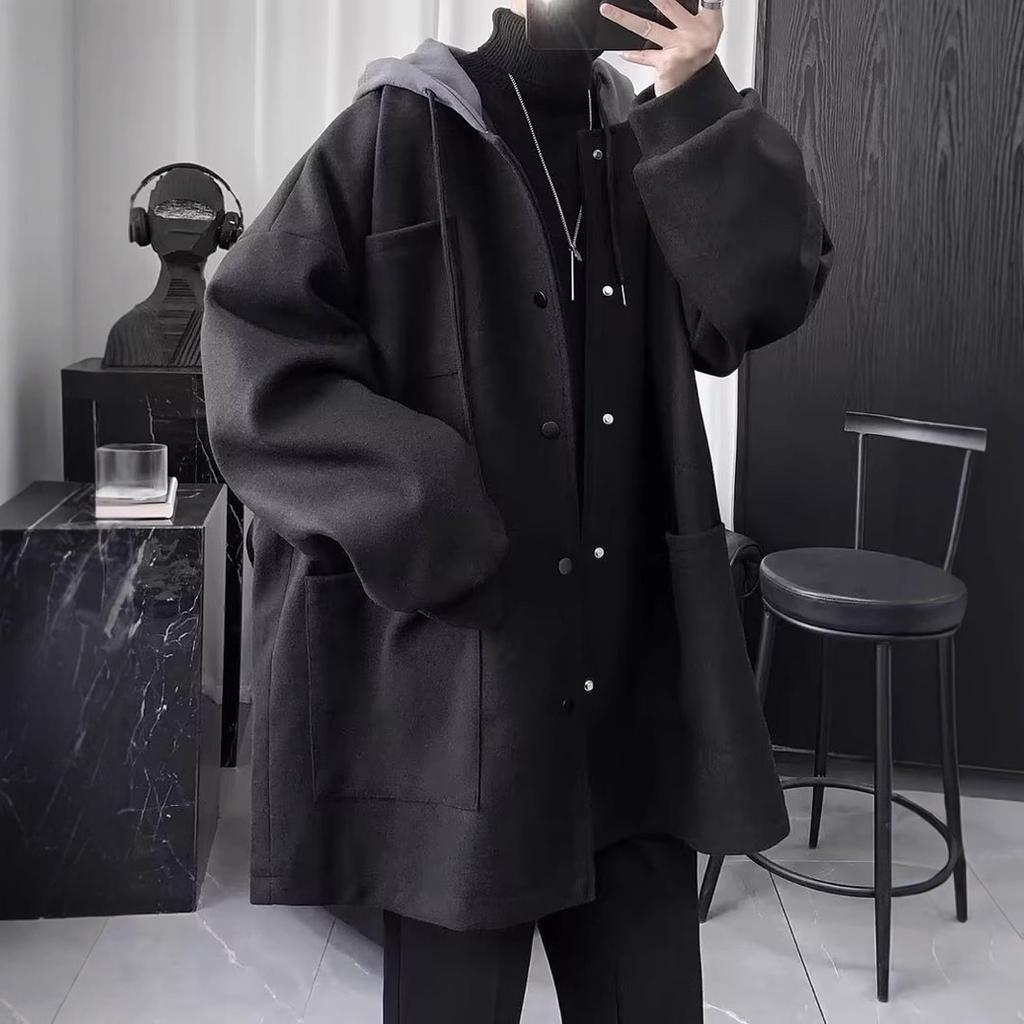 Men's Handsome Men with a Light-climbed Style Mid-length Wool Coat for Spring Men's Hooded Cotton Clip