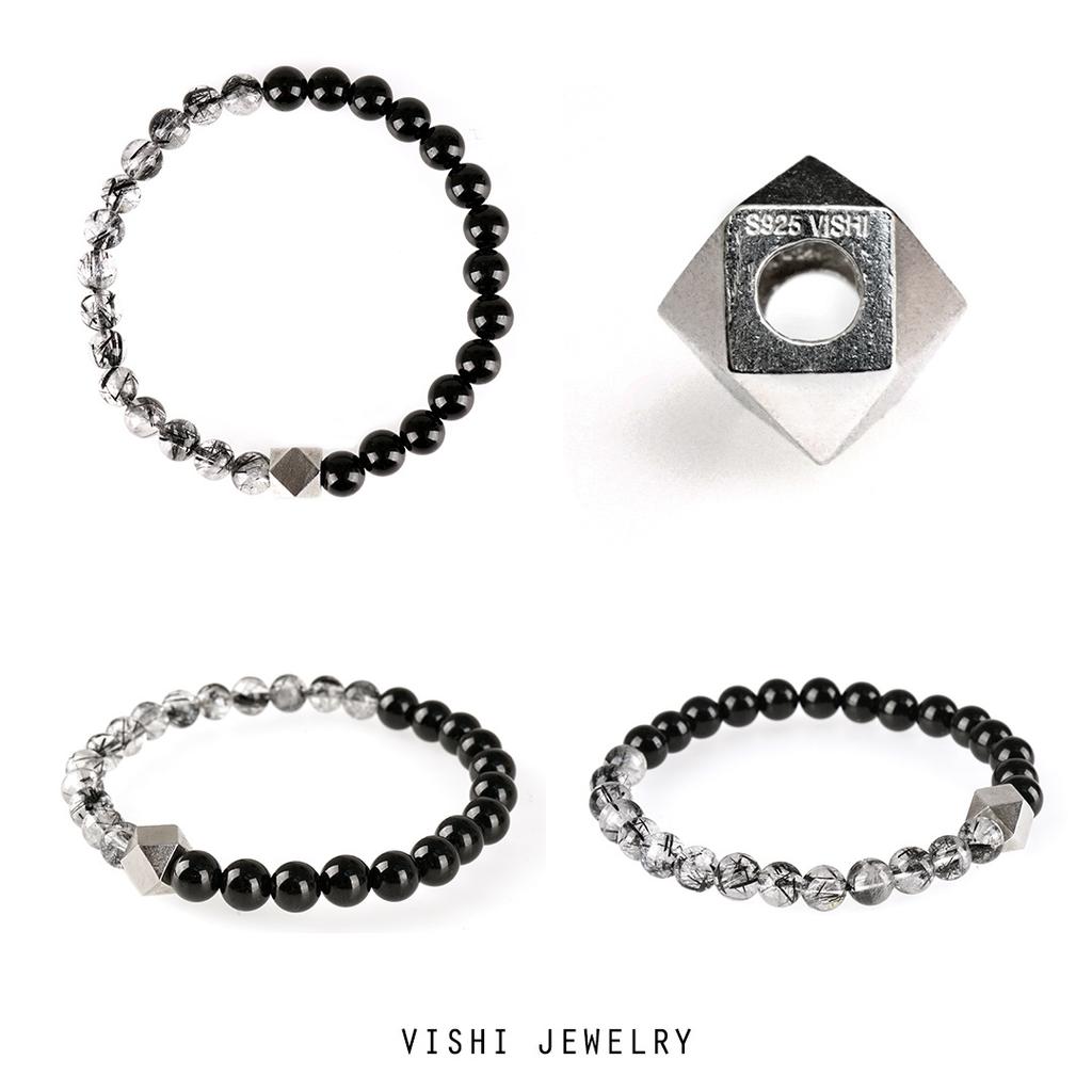 Original design natural black rutilated quartz s9Silver octagonal beaded bracelet for men and women, simple design for couples