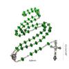 Christian Green Stone Rosary Necklace with Beads Cross Pendant Church Jewelry Sweater Chain Accessory