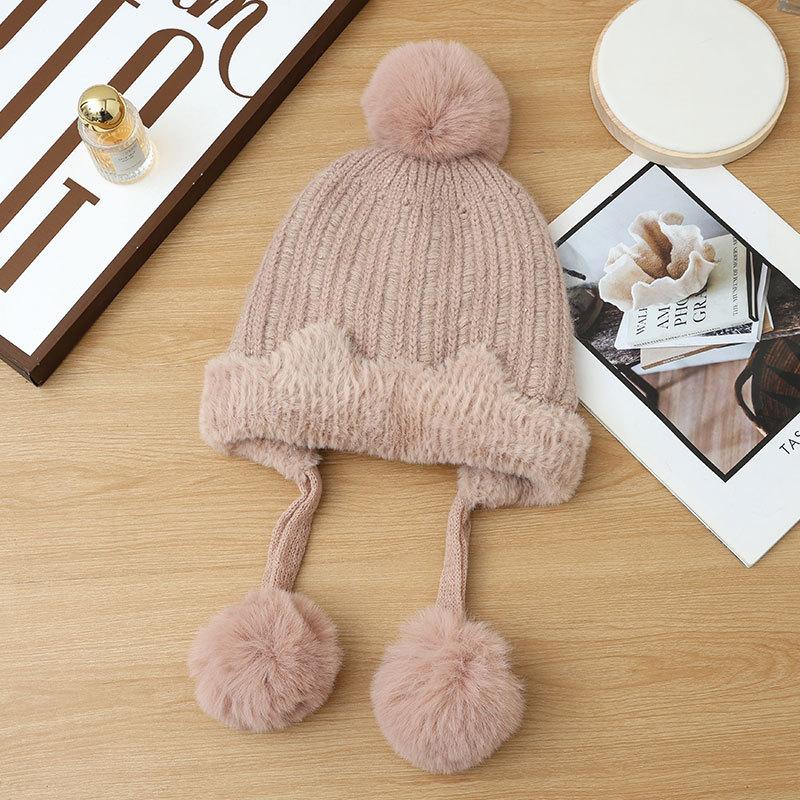 New Fleece Warm Knitted Hat Autumn and Winter Thickened Pullover Ear Protector Wool Fleece Hat Women's Hairball Hat