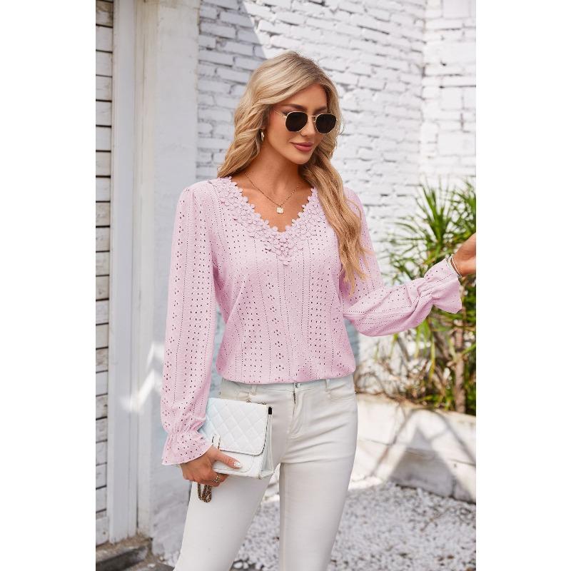 Dámská móda Ležérní jednobarevné halenky a košile s dlouhým rukávem a výstřihem do V