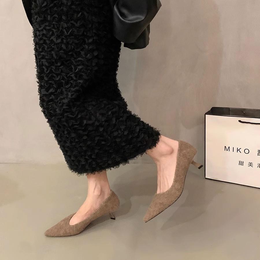 French Black High Heels Pointed Single Shoes Women's Shoes 2025 New Autumn and Winter Outer Wear Plush Commuter Fluffy Shoes