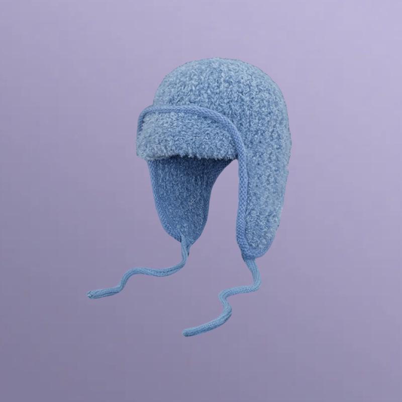 Jednobarevná plyšová letecká čepice s klapkami na uši - Zimní teplo s pletenou šňůrkou na zavazování pro velké obvody hlavy