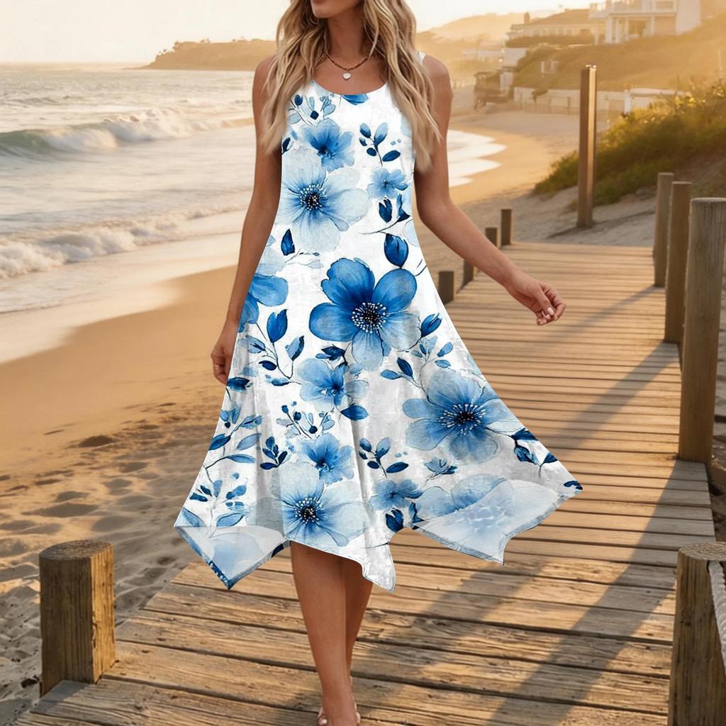 Women's Casual Sleeveless Floral Print Dress with Round Neck and Asymmetrical Hem Mid-Length Summer Dress for Daily Wear