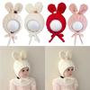 Baby Beanies with Tie Warm Lining Furry Pompoms Rabbit Ears Hat Adjustable Size Plush Hat Lovely Photo Props