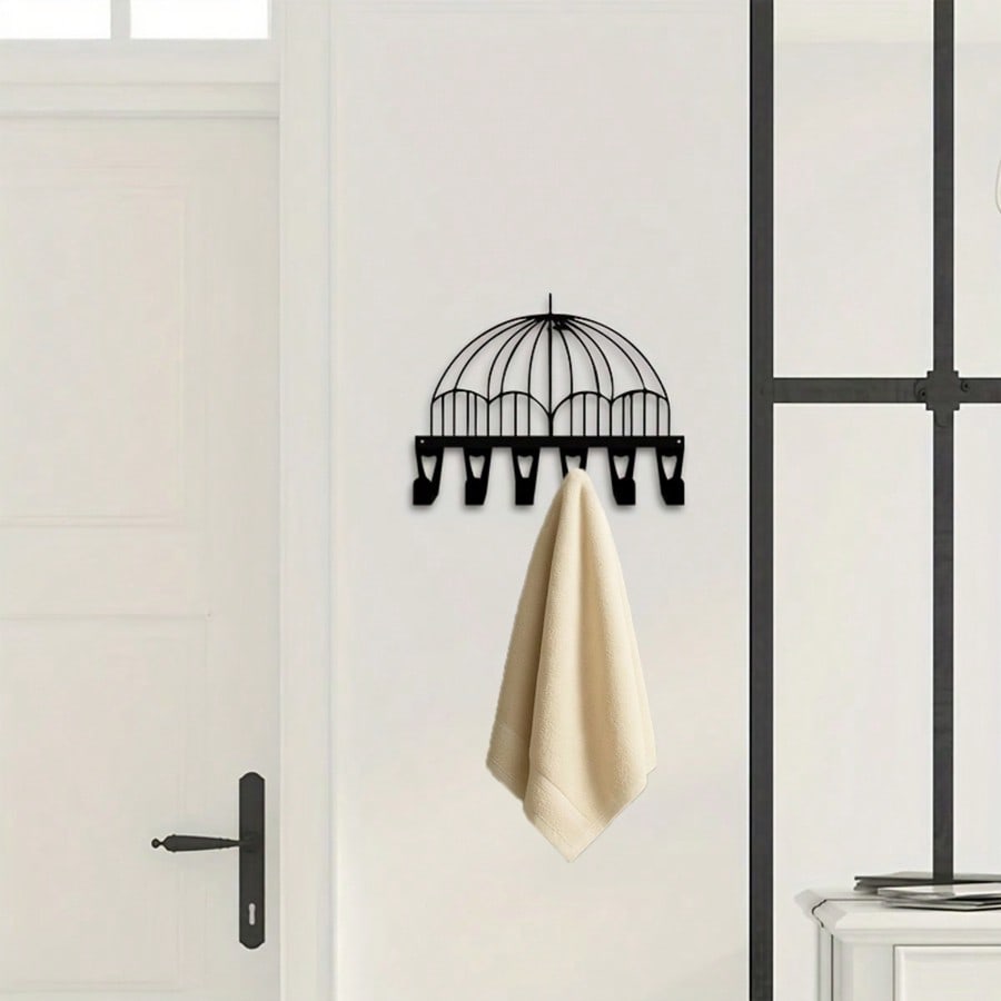 Vintage Wall Mounted Key and Umbrella Rack Heavy Duty Wrought Iron Entryway Storage with 6 Hooks Homeowner Gift for Hallway Living Room