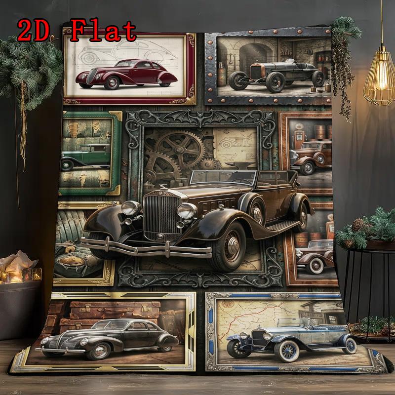 Vintage Car Art Rug 2D Flat Pattern Flannel Blanket, High Quality All Seasons, Home Decor, Warmth and Comfort, Perfect for Christmas Gifts.