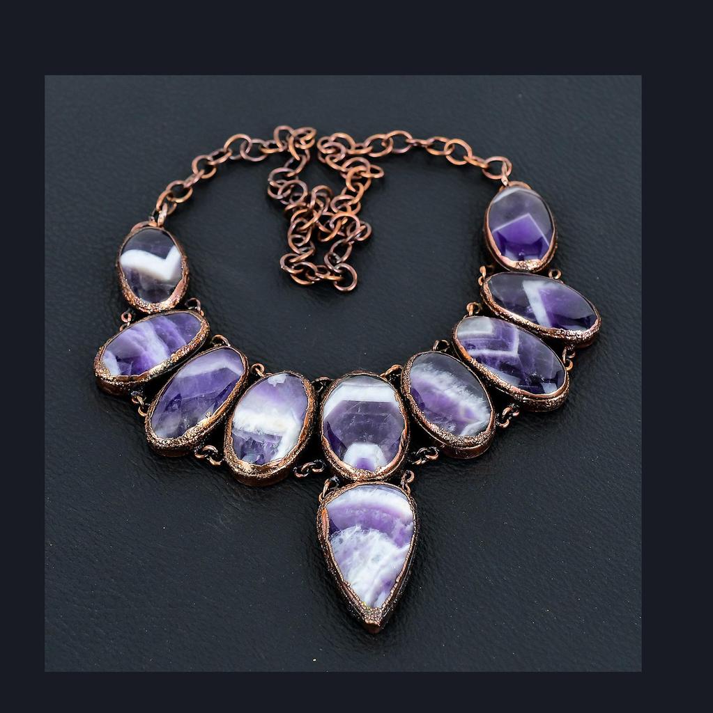 Chevron Amethyst Necklace, Copper Electroformed Gemstone Handmade Dainty Jewelry Necklace, Adjustable Chain Necklace Gift For Her