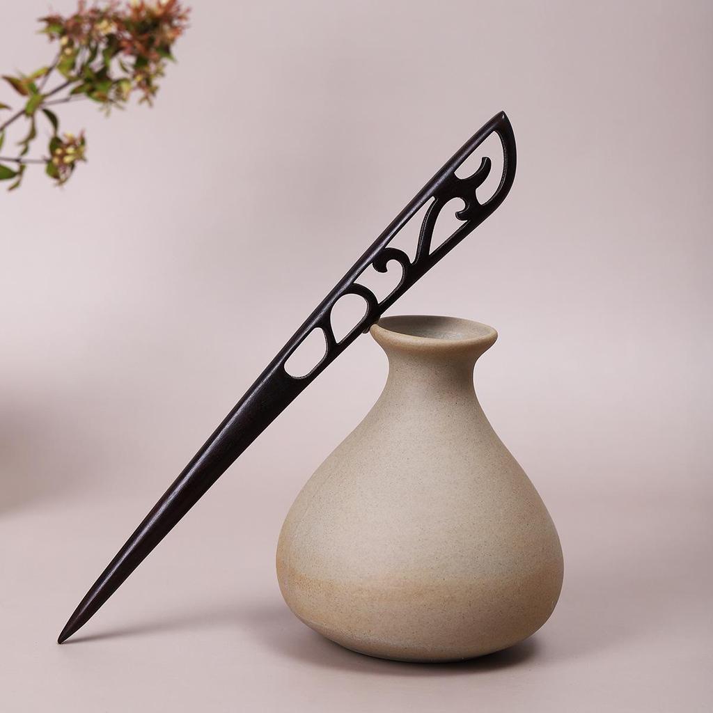 Vintage Ebony Wood Hairpin: Auspicious Clouds Design for Elegant Updos