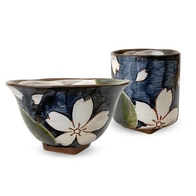 Oribe Kohiki Sakura Square Tea Bowl Teacup Set Blue Hasami Ware Made In Japan J-kitchens Sho~ High-Based +