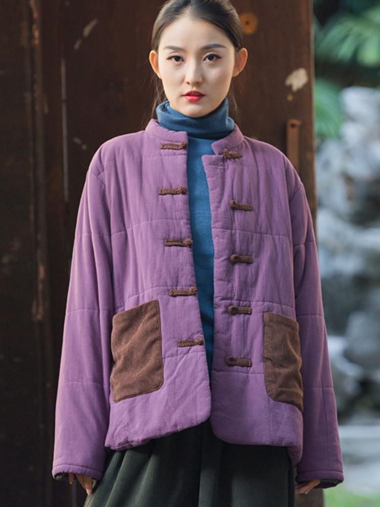 Johnature Women Vintage Patchwork Color Button Pockets Warm Winter Stand Coats Long Sleeve Female Coats