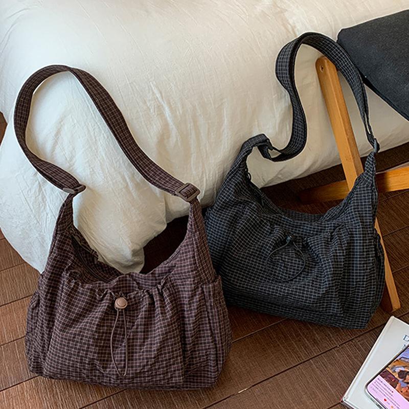 Korean Style Plaid Casual Shoulder Bag, Lightweight Checkered Crossbody Bag With Adjustable Strap, Cotton Quilted Fabric Handbag