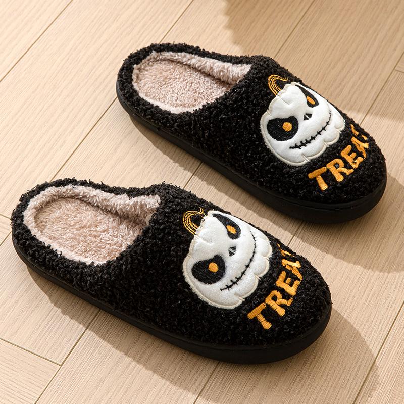 Fashion Halloween Cartoon Pumpkin Cotton Slippers Women 2024 Winter Warm Plush Couples House Shoes Indoor Non Slip Floor Slippers Woman