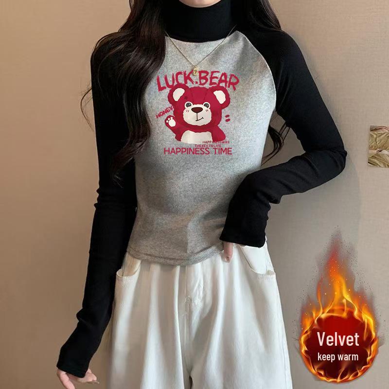 

Stand-Up Collar Velvet Color Block Slimming Raglan Long Sleeve T-Shirt for Women L [105-115 Jin]