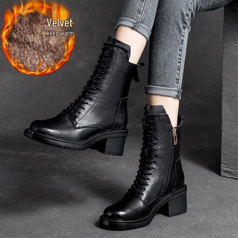 Shanghai Jie Zhou Herbstliche Stiefeletten mit runder Zehenpartie, Blockabsatz, aus Rindsleder, modische Martin Boots mit seitlichem Reißverschluss – Mittelhohe Stiefeletten