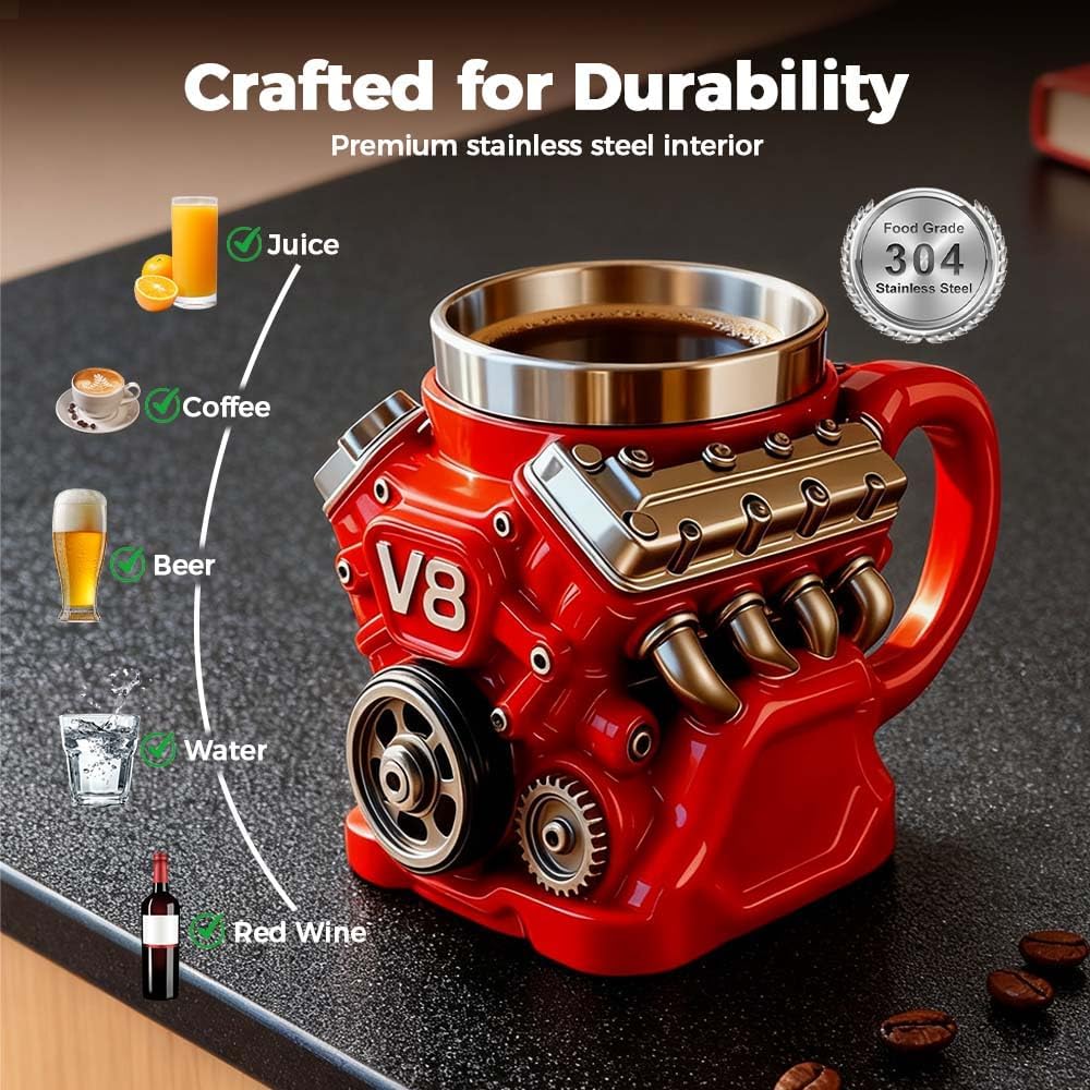 V8 Motor Retro Kaffeetasse Personalisiert Doppelwandige Isolierung Autotasse mit Henkel Perfekt für Vatertag, Weihnachten, Ehemann, Mechaniker, Auto