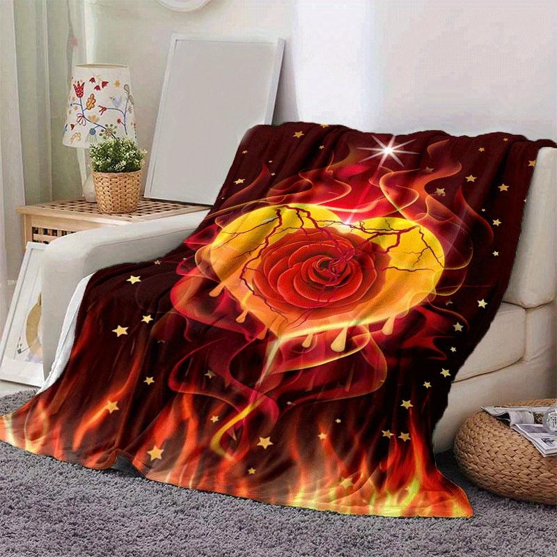 1pc Rose Flame Printing Lightweight Flannel Blanket, Comfortable and Warm Blanket, for Camping Sofa Bed and Couch Office, Gift