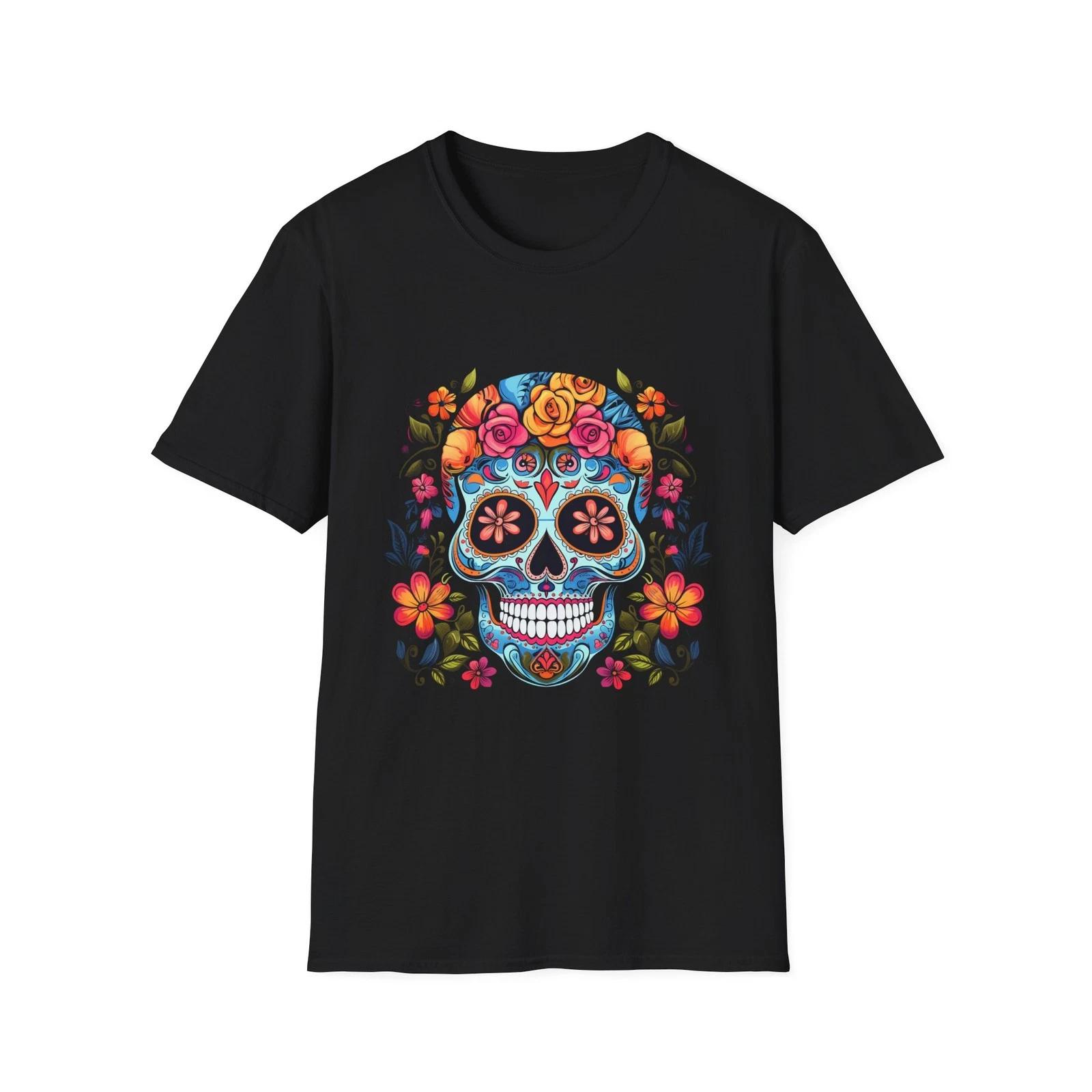 Blue Sugar Skull With Bright Flowers T-Shirt Gift Black Tee 3XL