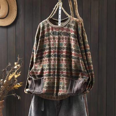 Maglioni Pullover Vintage da Donna Stampa Floreale Lavorati a Maglia Girocollo Manica Lunga Primavera Patchwork Tasche Maglioni