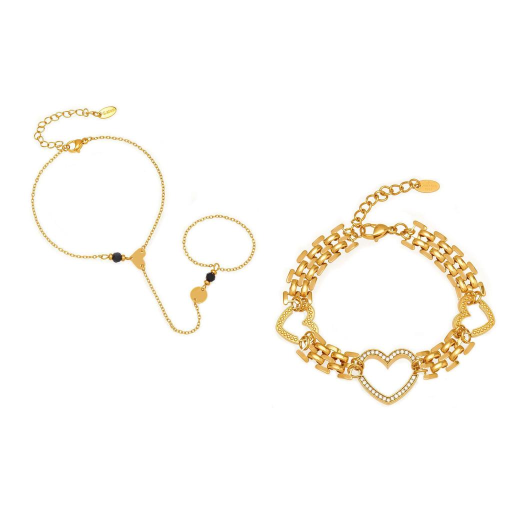 18K Gold-Plated Stainless Steel Heart Watch Strap & Natural Stone Ring Set with Cubic Zirconia
