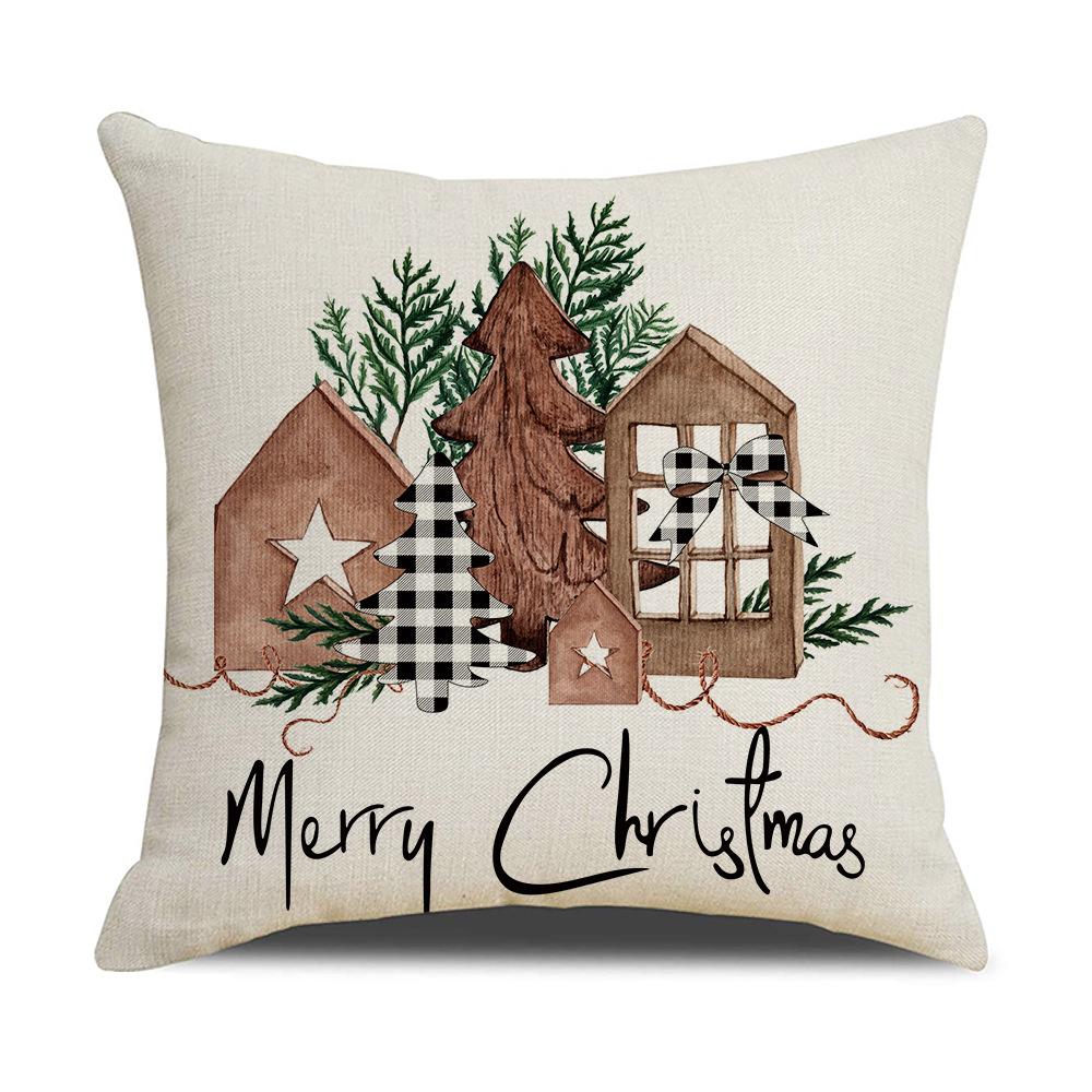 Red and Black Plaid Christmas Pillow Holiday Pillow Cover Linen Cartoon Print Holiday Cushion Cover