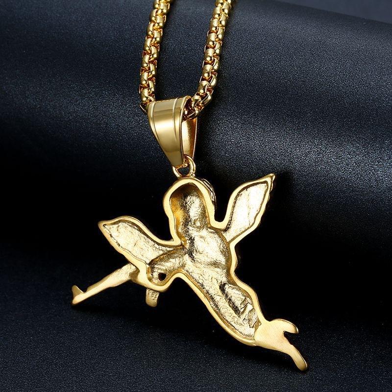 Hip Hop New Jewelry Titanium Steel Gold Plated Diamond Revenge Angel Pendant Necklace