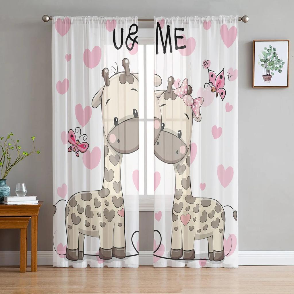 Cartoon-Giraffen lieben Schmetterlinge, Tüll-Vorhänge für Wohnzimmer, Vorhänge, Fenster, transparente moderne Vorhänge für Schlafzimmer-Dekoration