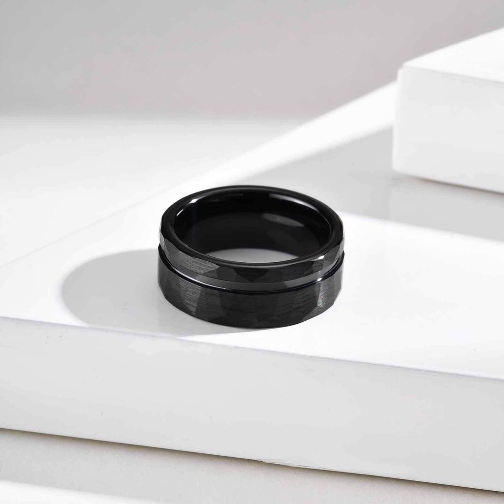8mm Black Tungsten Steel Ring with Brushed Outer and Hammered Inner Finish - Style TCR-104B07.