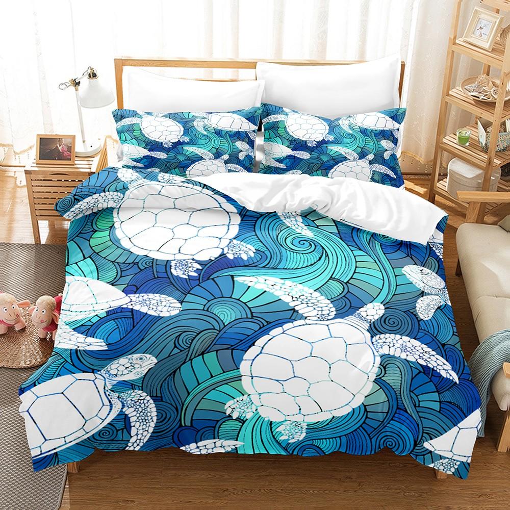 Blue Sea Turtle Print Bedding Set 3PCS Full Queen King Size Summer Travel Soft Microfiber for Kids Boys Girls Room Decor