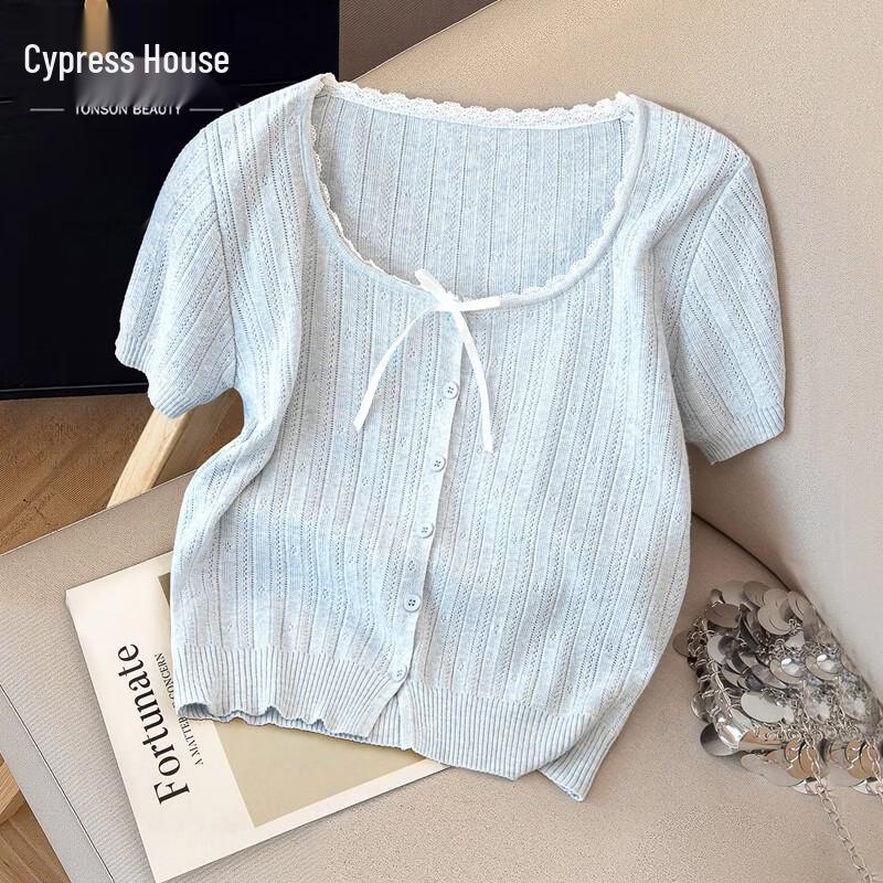 Women s French Style Lace Patchwork Knit Short Sleeve Top L