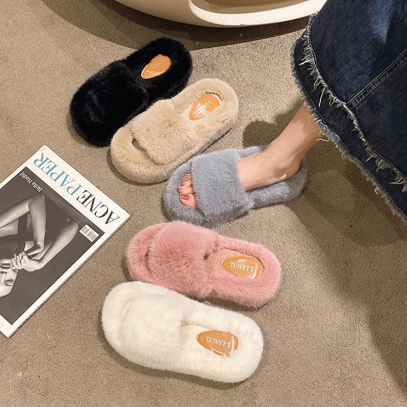 Height-increasing thick-soled fluffy slippers women's autumn and winter outer wear fluffy shoes one-word ins home home plush drag spring and summer
