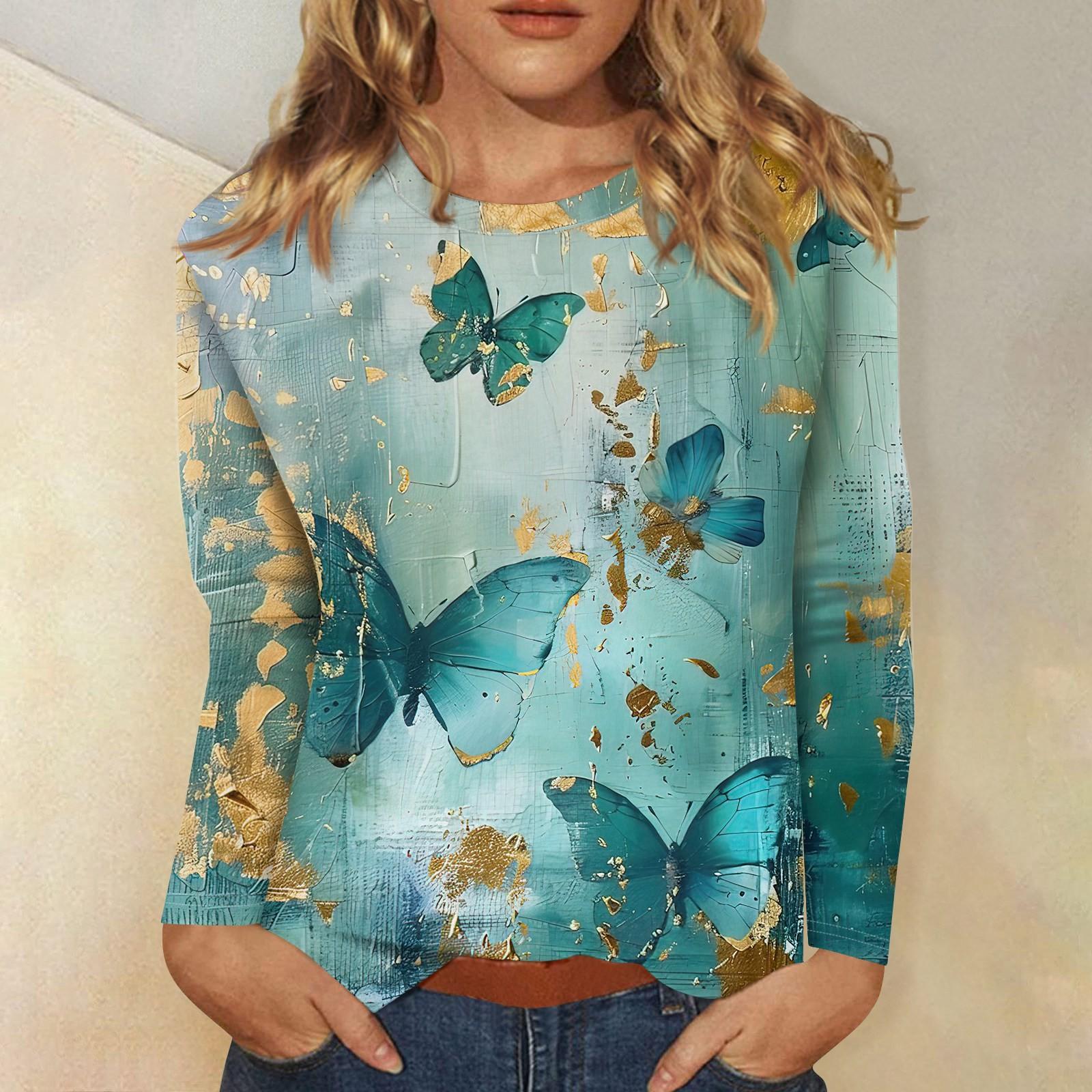 

Жіночий модний повсякденний пуловер з круглим вирізом і довгими рукавами з квітковим принтом XXXL ціан