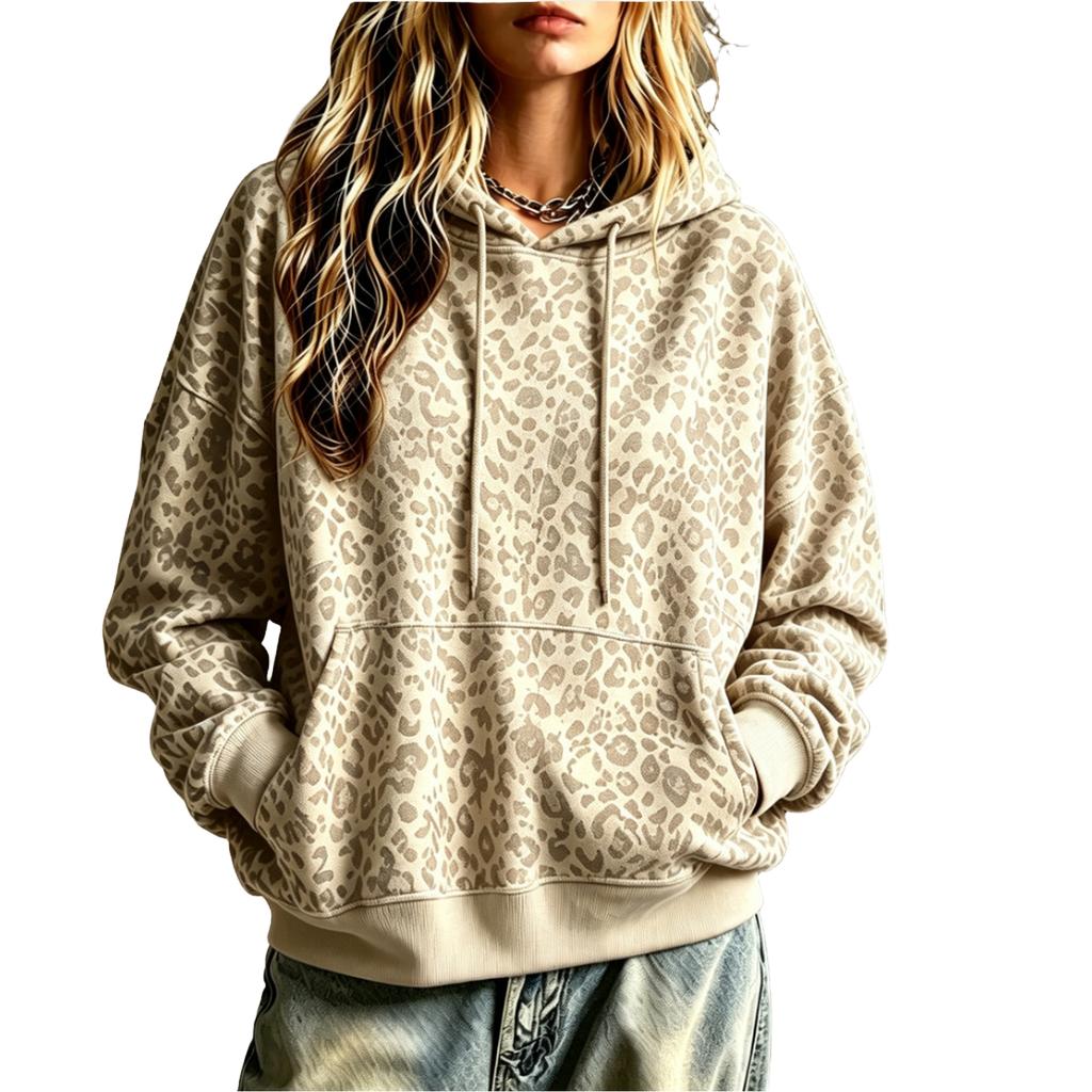 Damen Oversized Retro Kapuzenpullover mit Leopardenmuster