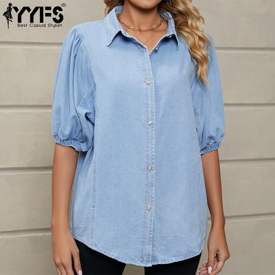 Moda Donna Casual Estivo Denim Tinta Unita Stampa Manica Corta Collo POLO Bluse & Camicie