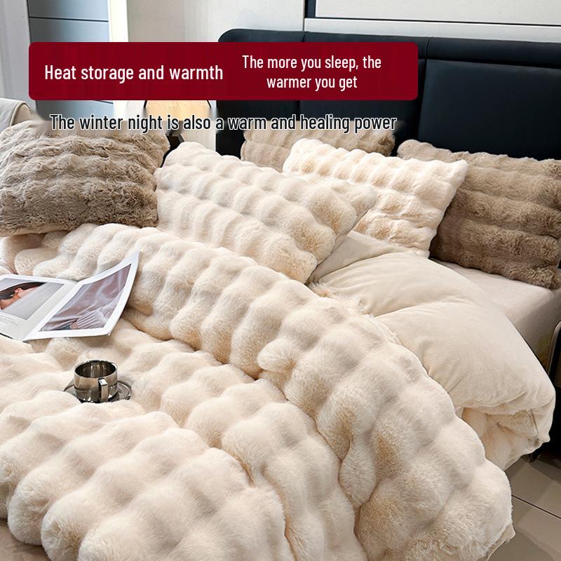 2025 Winter Coral Velvet Bedding Set: Plush Imitation Rabbit Fur Duvet, Fitted Sheet, Bed Sheet, Thickened for Warmth