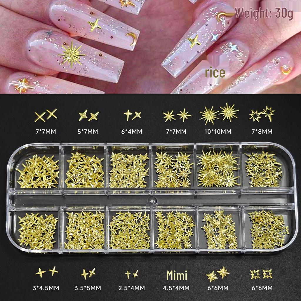 Gold & Silver Starburst Nail Art Set: Cross, Rivets & Lightning Elements