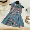 Summer Girls Sleeveless Floral Print Denim Dress With Belt Baby Flower Pattern Jean Sundress For Kids