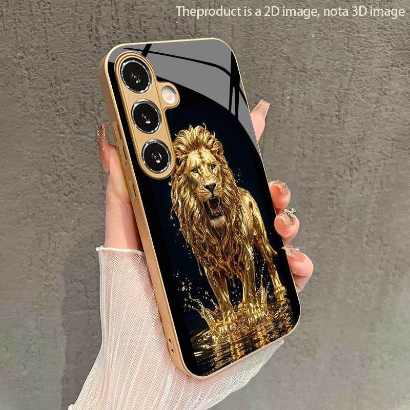 Gold Lion Pattern 2D Phone Case for Samsung S26 S25 S24 S23 S22 S21 S20 A56 A55 A36 16 Golden Glass Protective Cover