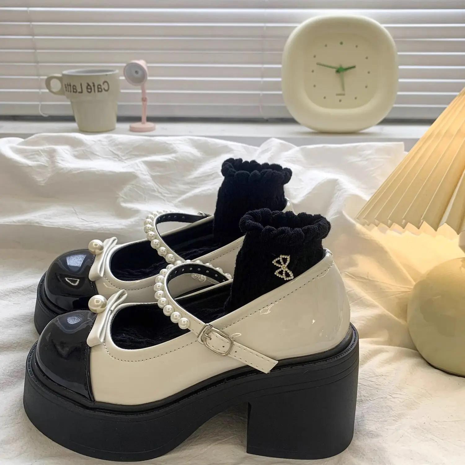 

Fashion Cute Gothic Pearl High Heels Women s Shoes Japanese Style Lolita Mary Jane Round Toe Ladies Pumps Kawaii on Heeled Wholesale Y2k 40