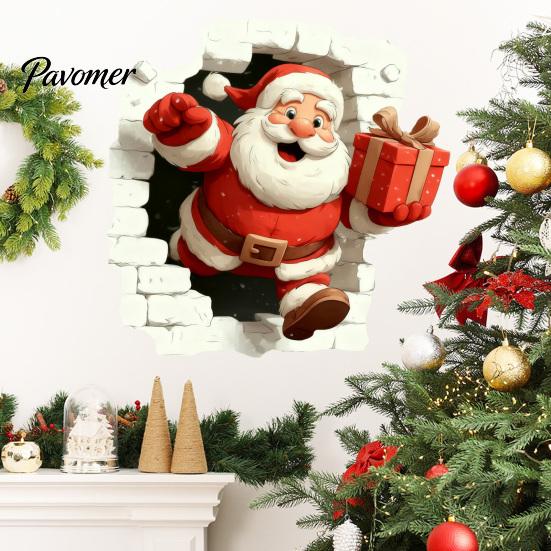 Xmas Home Decor Christmas Santa Wall Stickers, 3D Claus Reindeer Break-Through Self-Adhesive Indoor Outdoor Holiday Ornaments Decal, Removable Window