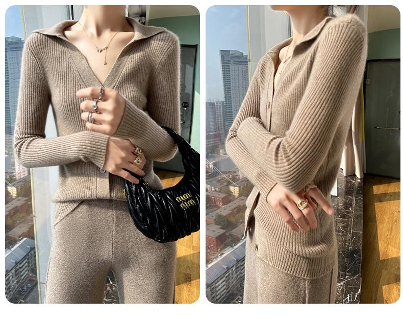 2024 Autumn/Winter Wool Lapel Cardigan with Pockets - Seven-Stitch, Thick, Solid Color Knitwear