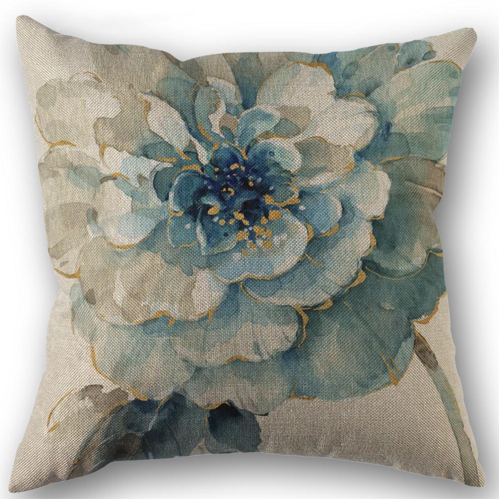 Indigold Watercolor Flower Pillow Cover Blue Bird Floral Cushion 45X45Cm Linen Pillowcase Decoration Salon Cushion Cover