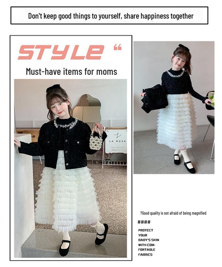 2025 Girls' Autumn Princess Cake Dress Set - Little Fragrant Style with Gauze