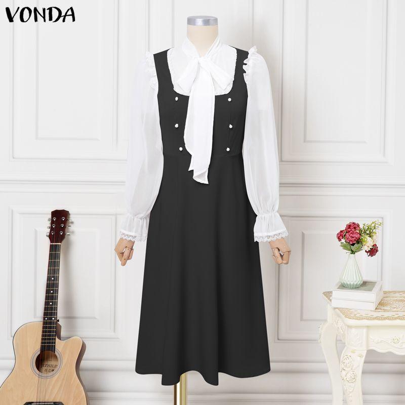 VONDA Elegant Women Long Sleeve Ruffled Bow Knot Patchwork Office Midi Dress