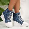 Modische blaue Keilsneakers mit Schmetterlingsdruck für Damen Modische High-Top-Plateau-Sneakers für Damen Leichte, rutschfeste Schnür-Freizeitschuhe