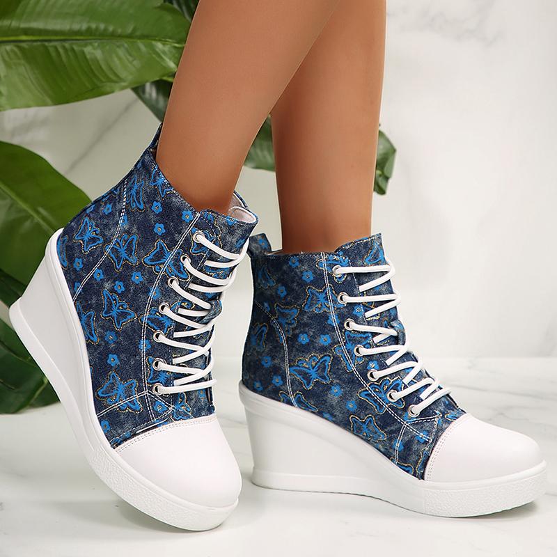 Fashion Blue Butterfly Print Wedge Sneakers for Women Fashion High Top Platform Sneakers Woman Lightweight Non Slip Lace Up Casual Shoes