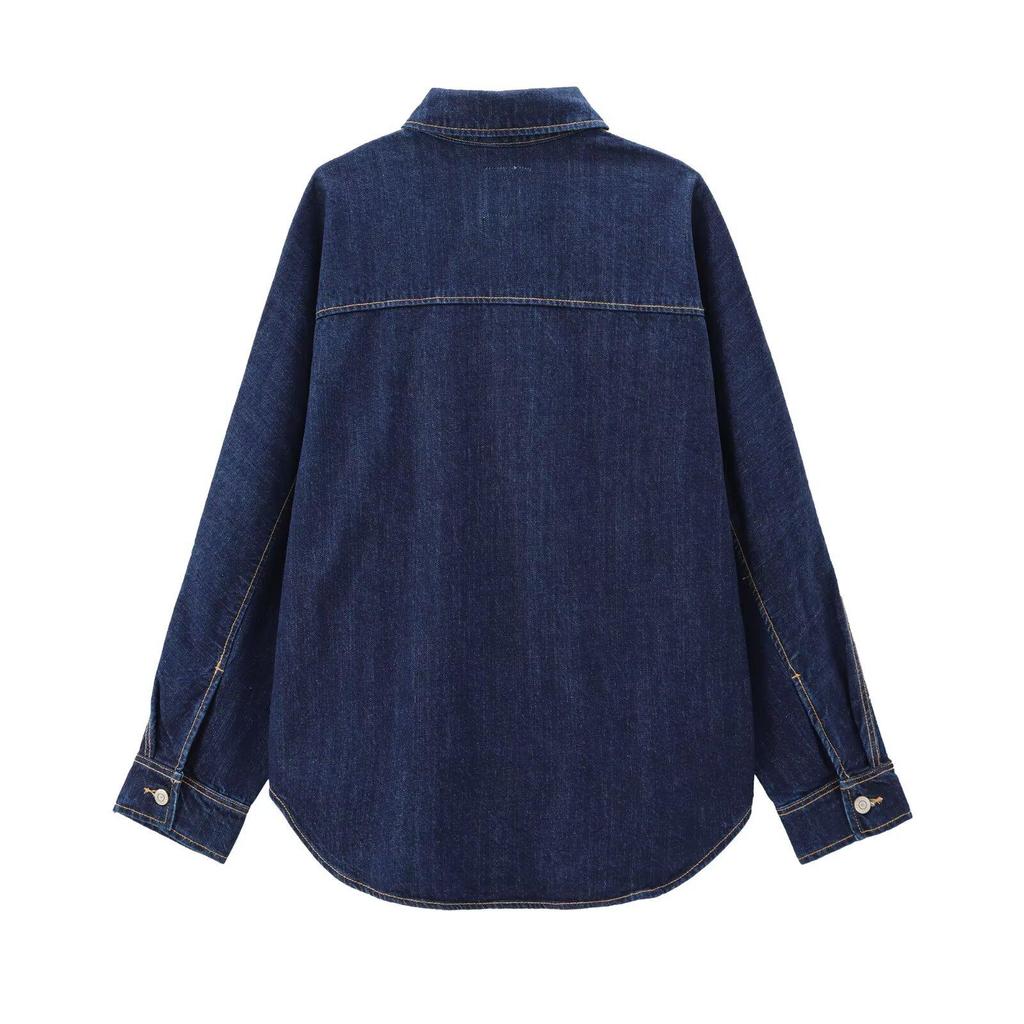 Autumn 2024 Women's Casual Denim Shirt Jacket with Lapel and Pocket Details
