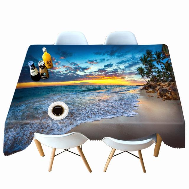 Beach Waves Pattern Coconut Tree Tablecloth Dustproof Thicken Cotton Rectangular Round Table Cloth For Wedding Picnic Party