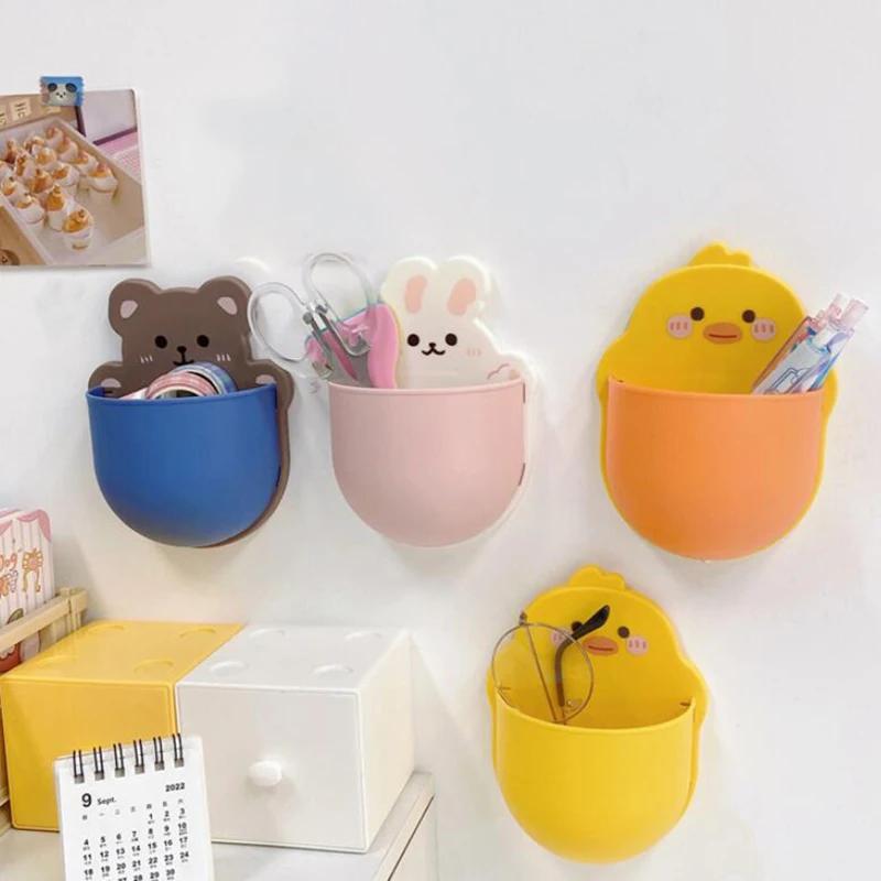 Cute Cartoon Pen Holder Self Adhesive Storage Rack Desk Organizer Kawaii Stationery Mobile Phone Cosmetics Brushes Holder Office